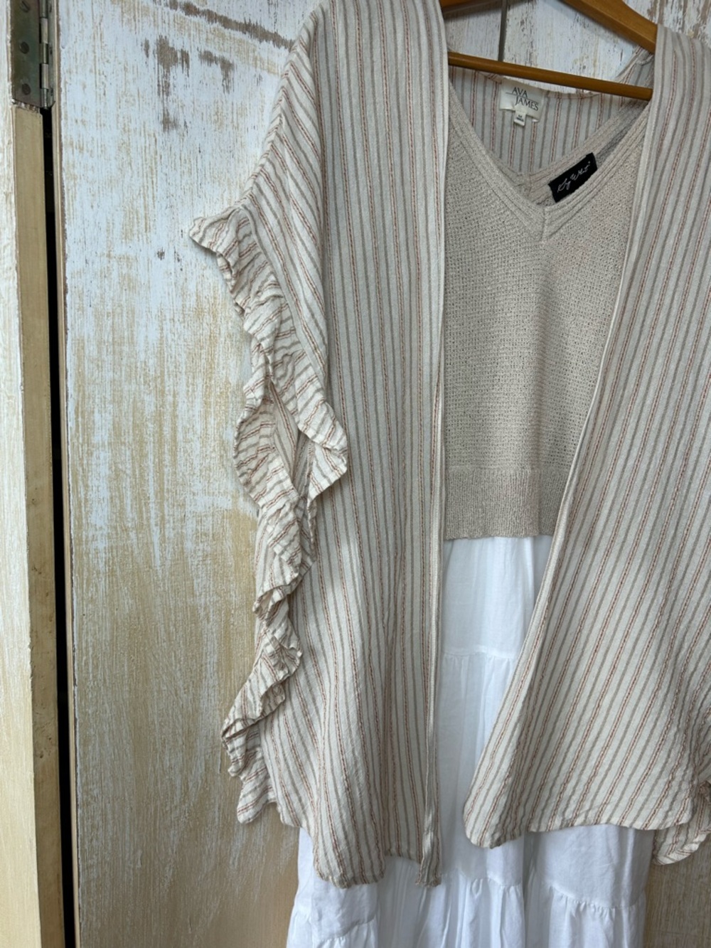 Cream Striped Open Front Ruffle Sleeve Top - Picture 5 of 8